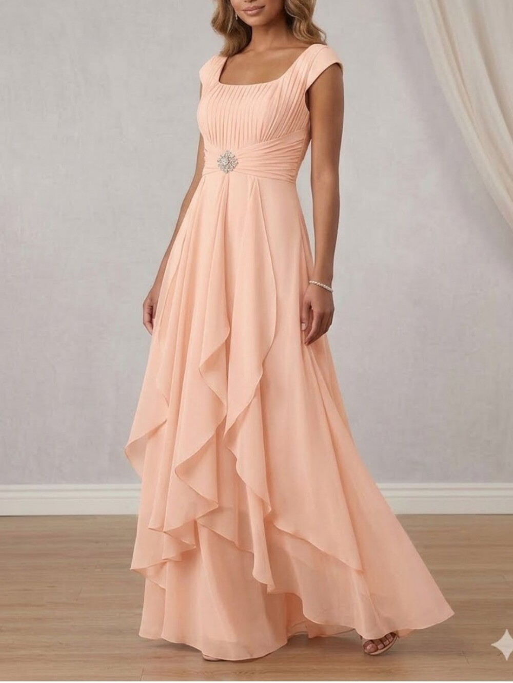 IZILADY chiffon Peach Pink, Bridesmaid, Milkmaid, Ruffle, Fairycore Maxi Dress